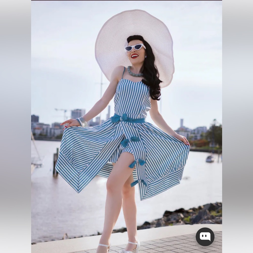 Retro stage TURQUOISE 1950S STRIPES ROMPER & SKIRT - Picture 1 of 14